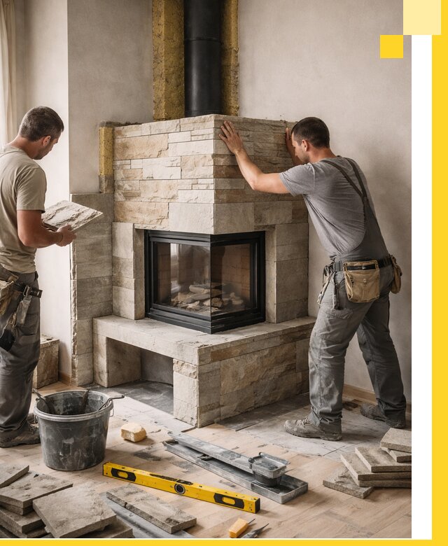 Угловые камины под ключ проект, монтаж и отделка в Баксане