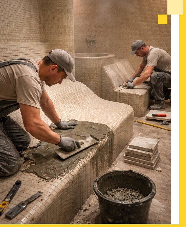 Лежаки для хамама под ключ в Баксане, проект и монтаж